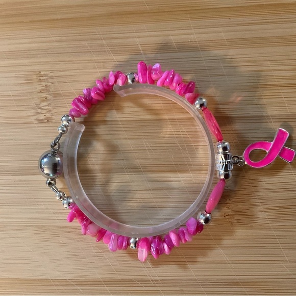 Hand Crafted Pink Breast Cancer Awareness Charm Bracelet Silver Magnetic Clasp - Picture 5 of 7